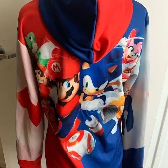 Mario & Sonic Hooded Sweatshirt kids size medium 8-10 blue red - Picture 4 of 6